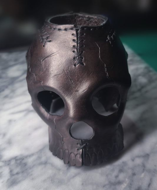 Mystic Shadows: Handcrafted Leather Skull Candle Holders for an Enchanting Atmosphere